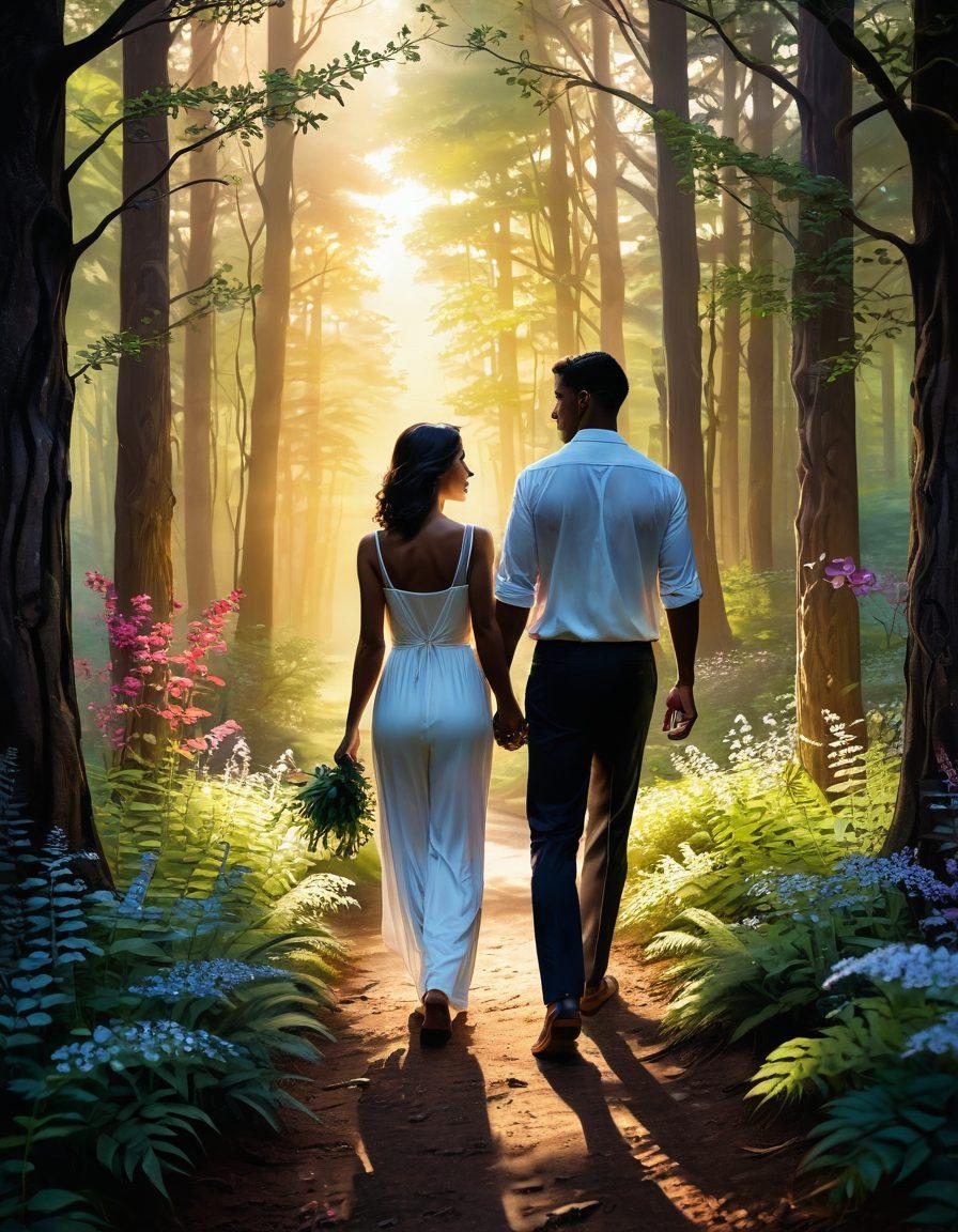 A couple walking hand-in-hand through a serene, enchanting forest, with light filtering through the trees, symbolizing love's journey. In the background, subtle representations of support systems like intertwined vines and blooming flowers emerge. A soft, warm glow surrounds the couple, illustrating comfort and security. The scene is filled with a sense of hope and resilience. vibrant colors. super-realistic.